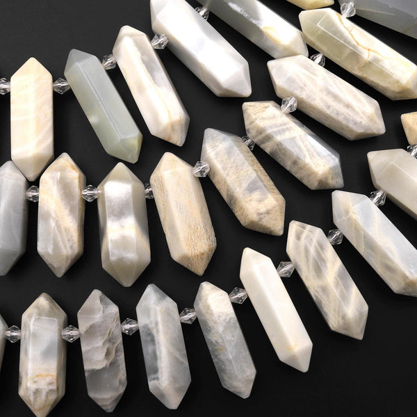 Natural Creamy Gray White Moonstone Faceted Double Terminated Point Top Side Drilled Focal Pendant Beads 15.5" Strand