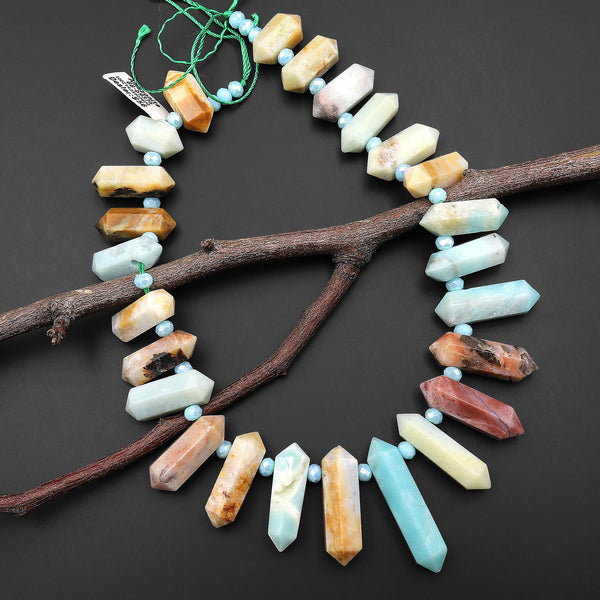 Double Terminated Natural Amazonite Points Top Side Drilled Focal Pendant Beads 15.5" Strand A2