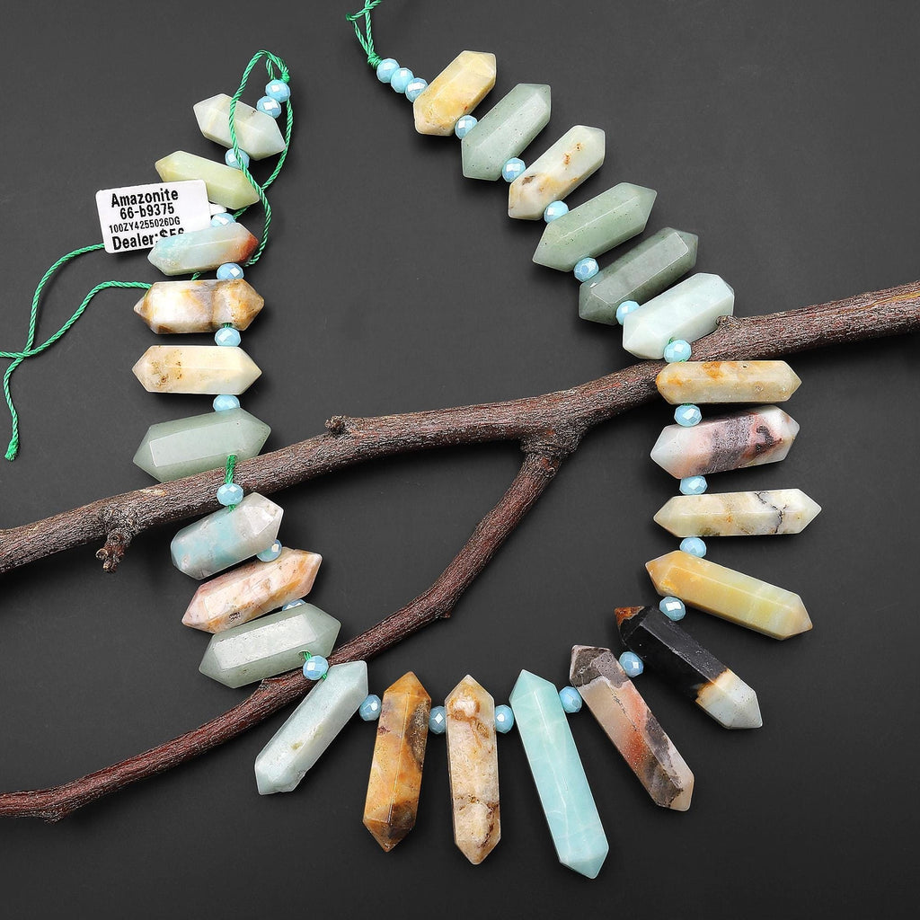 Double Terminated Natural Amazonite Points Top Side Drilled Focal Pendant Beads 15.5" Strand A3