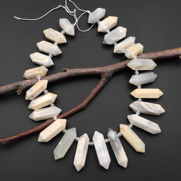 Natural Creamy Gray White Moonstone Faceted Double Terminated Point Top Side Drilled Focal Pendant Beads 15.5" Strand A1