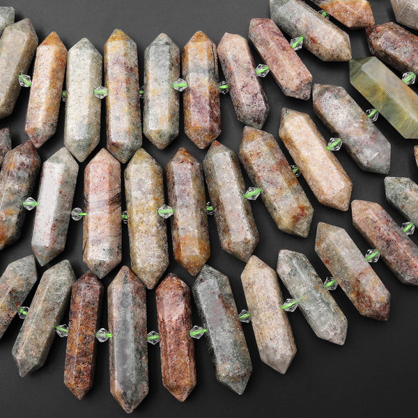 Large Natural Phantom Lodalite Quartz Beads Double Terminated Points Center Drilled Healing Natural Crystal 15.5" Strand