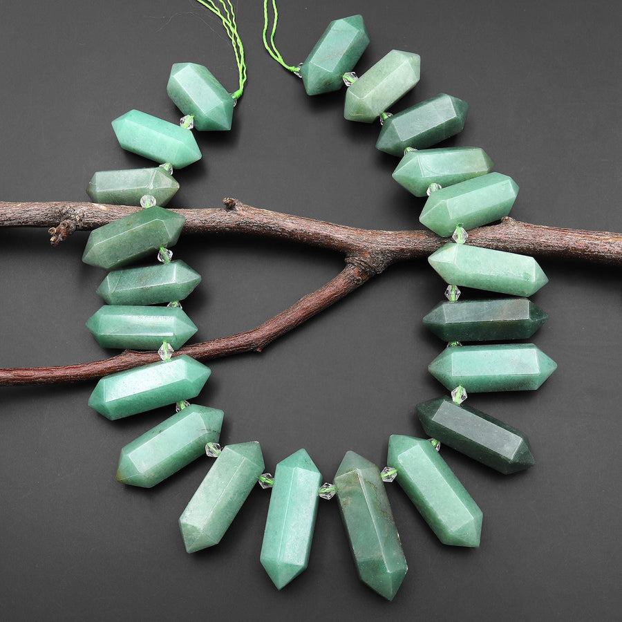 Natural Green Aventurine Beads Double Terminated Points Top Side Drilled Healing Natural Crystal 15.5" Strand A1