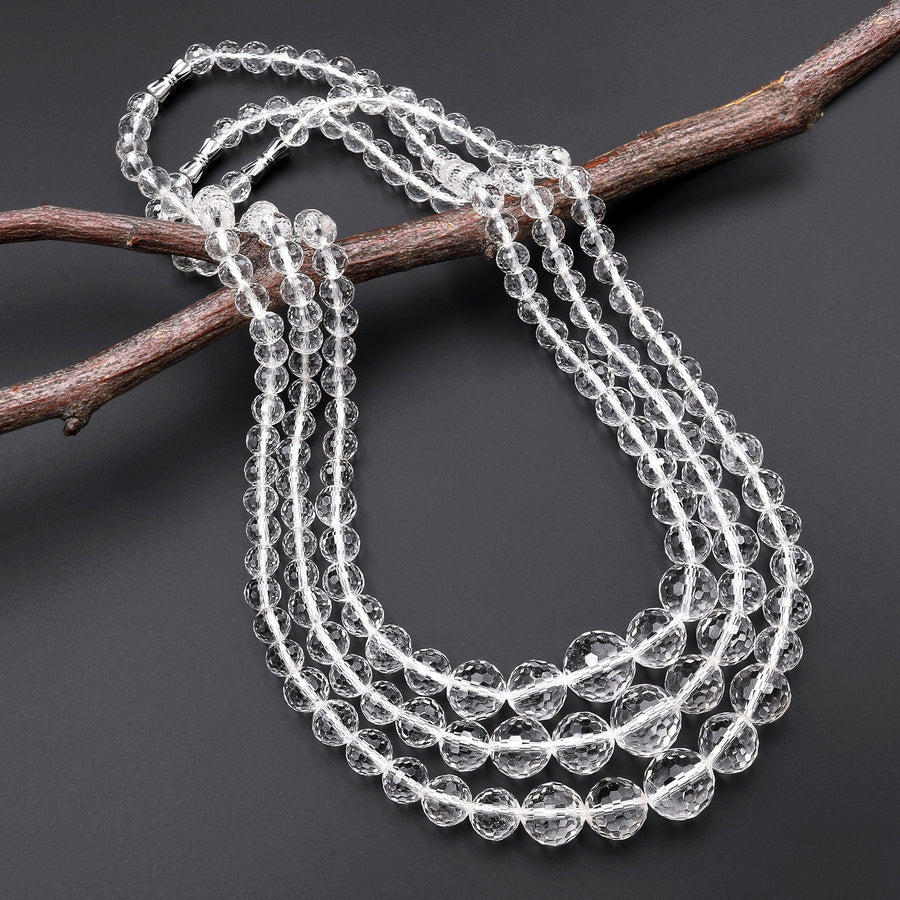 Faceted Natural Rock Quartz Round Beads Real Genuine Super Clear Crystal Quartz AAA Graduated Necklace 18"