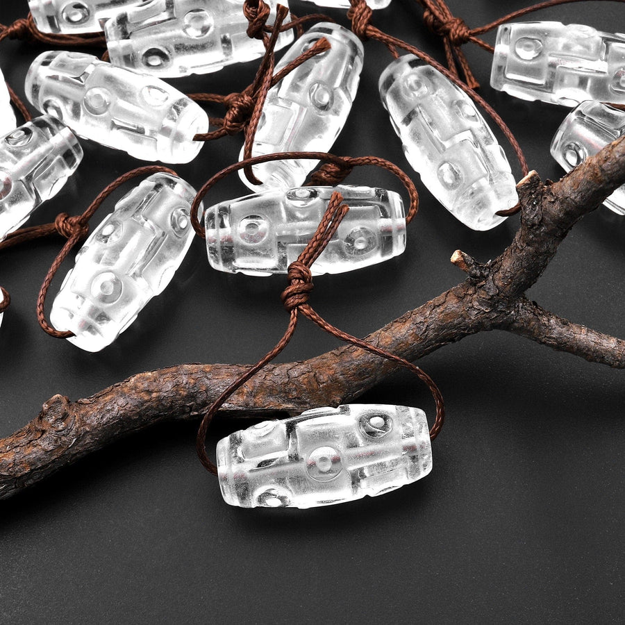 Natural Clear Rock Quartz Crystal Hand Carved Tube Gemstone Tibetan Dzi Style Focal Bead Pendant A1
