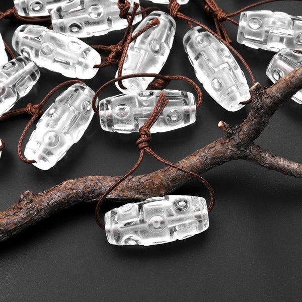 Natural Clear Rock Quartz Crystal Hand Carved Tube Gemstone Tibetan Dzi Style Focal Bead Pendant A1
