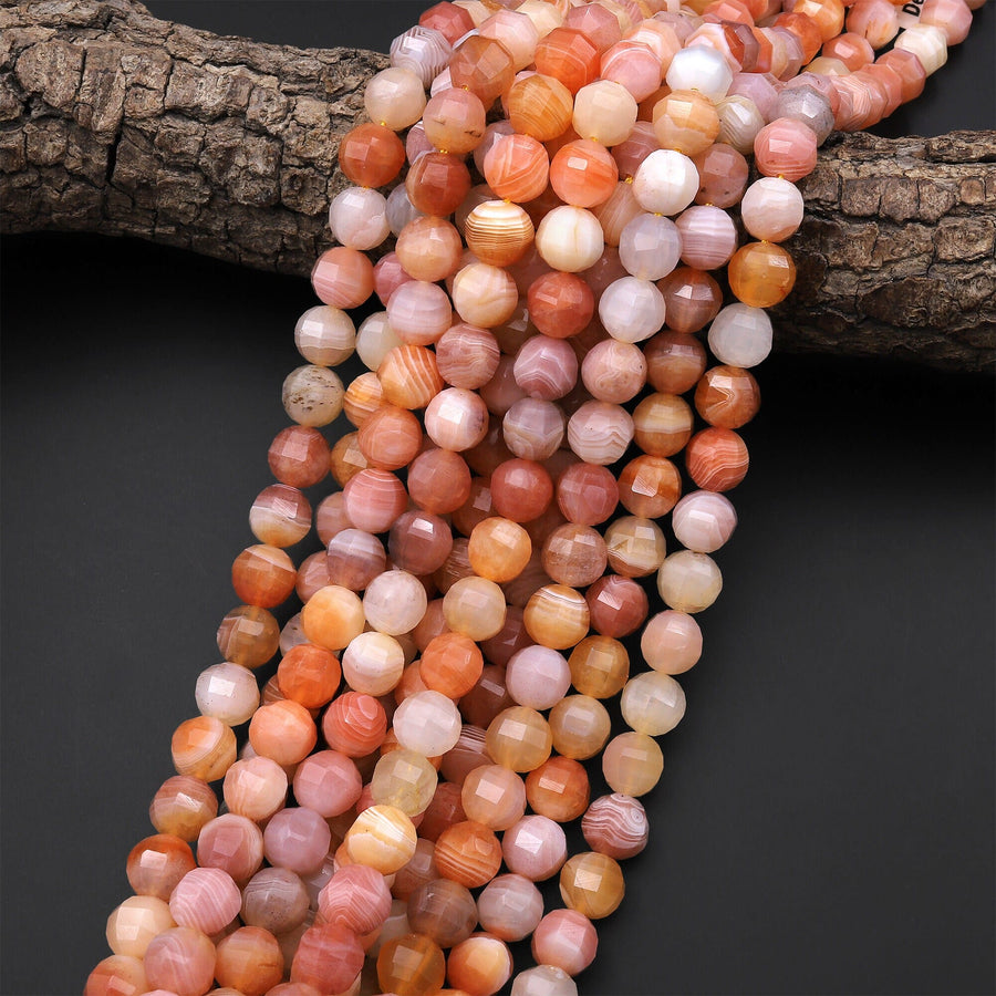 AAA Faceted Natural Orange Pink Botswana Agate 10mm Lantern Round Beads 15.5" Strand