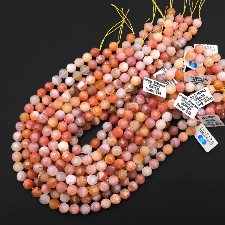 AAA Faceted Natural Orange Pink Botswana Agate 10mm Lantern Round Beads 15.5" Strand