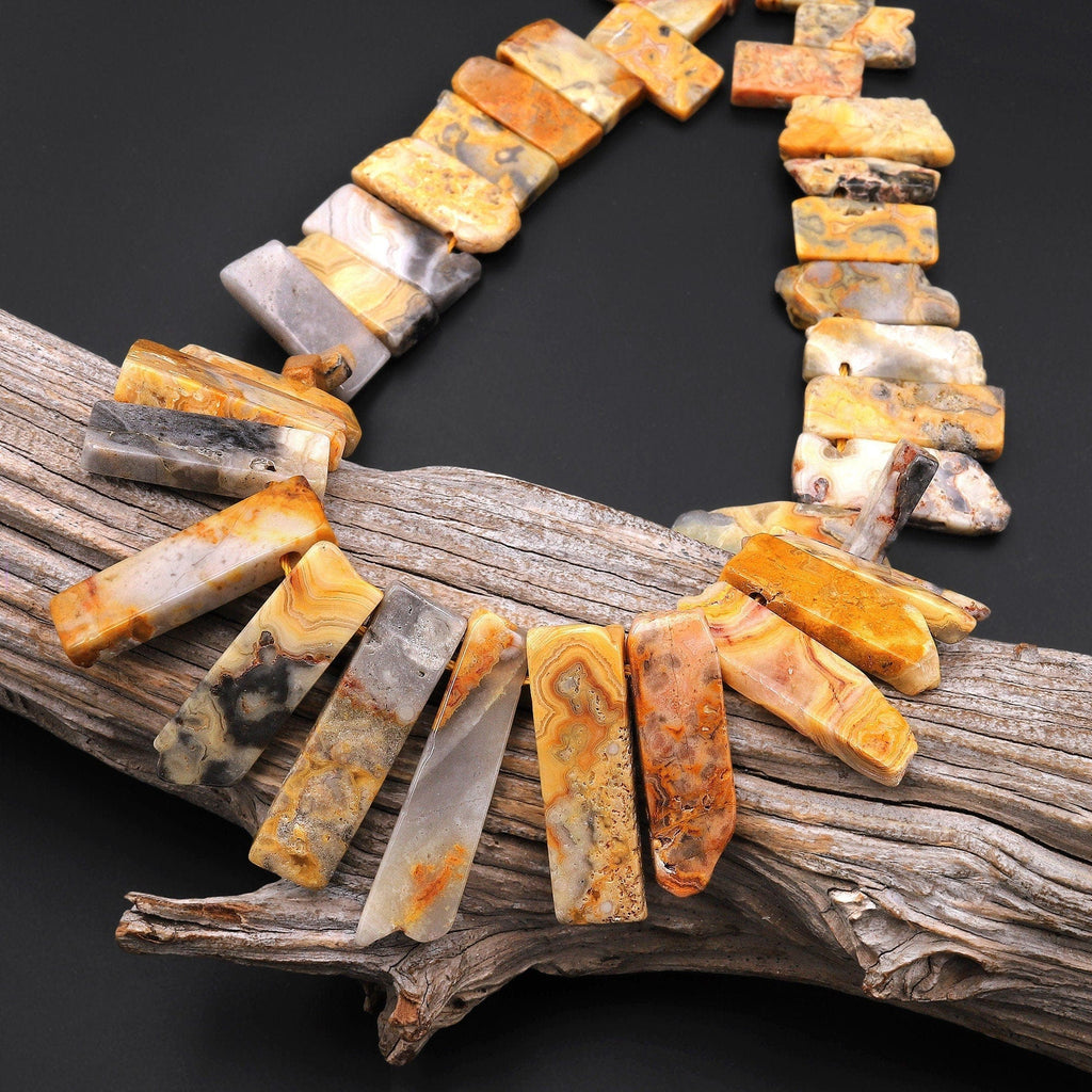 Natural Yellow Crazy Lace Agate Rectangle Beads Spike Stick Slice Focal Pendant Cleopatra Style Fan Shaped 15.5" Strand A1