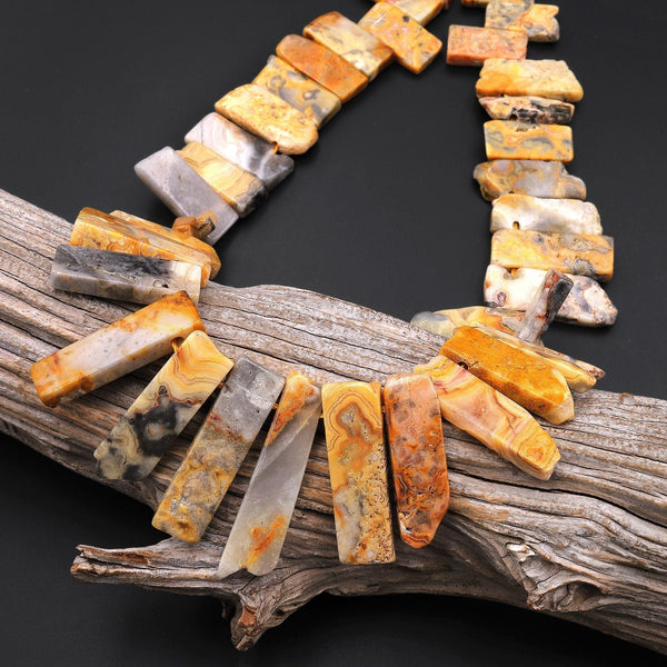 Natural Yellow Crazy Lace Agate Rectangle Beads Spike Stick Slice Focal Pendant Cleopatra Style Fan Shaped 15.5" Strand