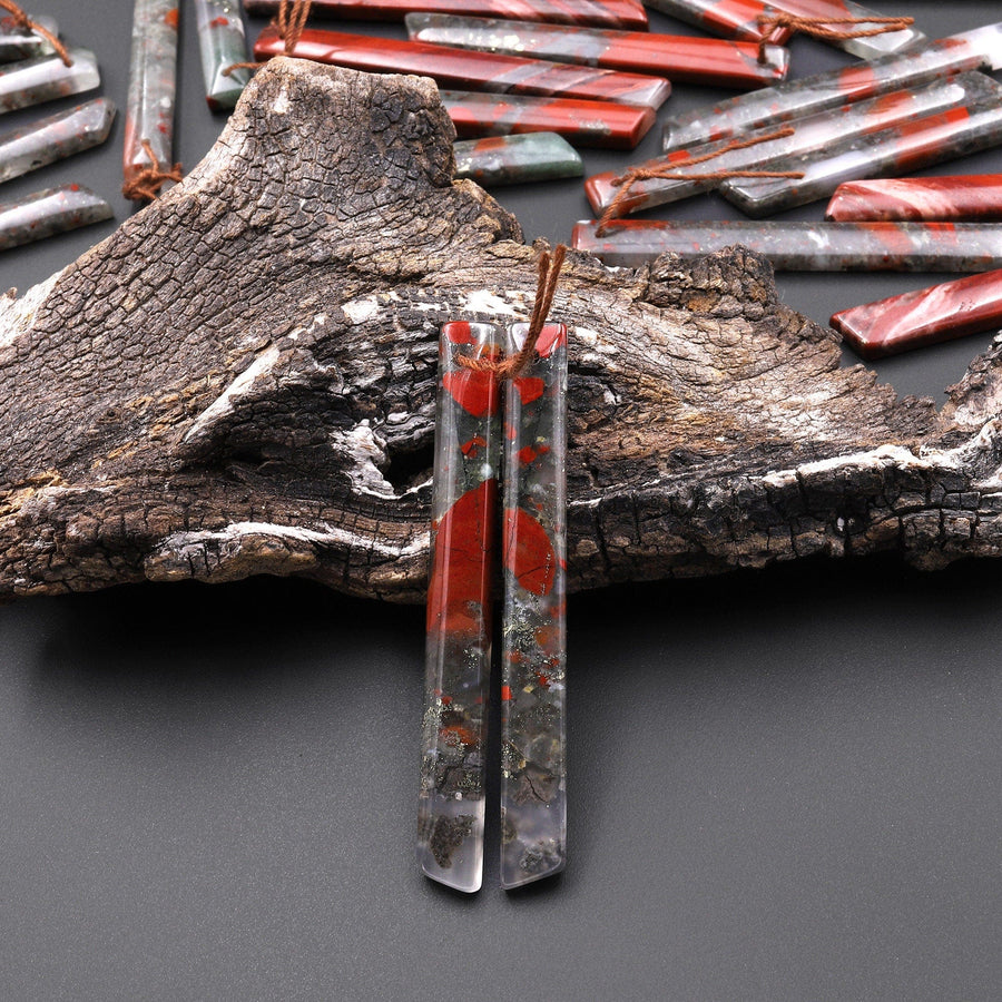 Natural African Bloodstone Long Thin Beveled Rectangle Earring Pair Matched Gemstone A1