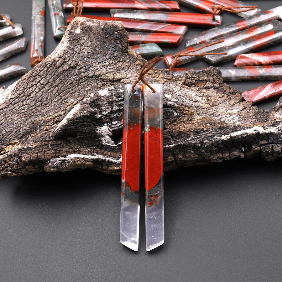 Natural African Bloodstone Long Thin Beveled Rectangle Earring Pair Matched Gemstone Beads