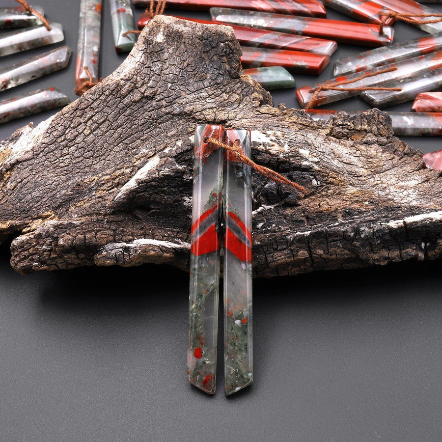 Natural African Bloodstone Long Thin Beveled Rectangle Earring Pair Matched Gemstone A1