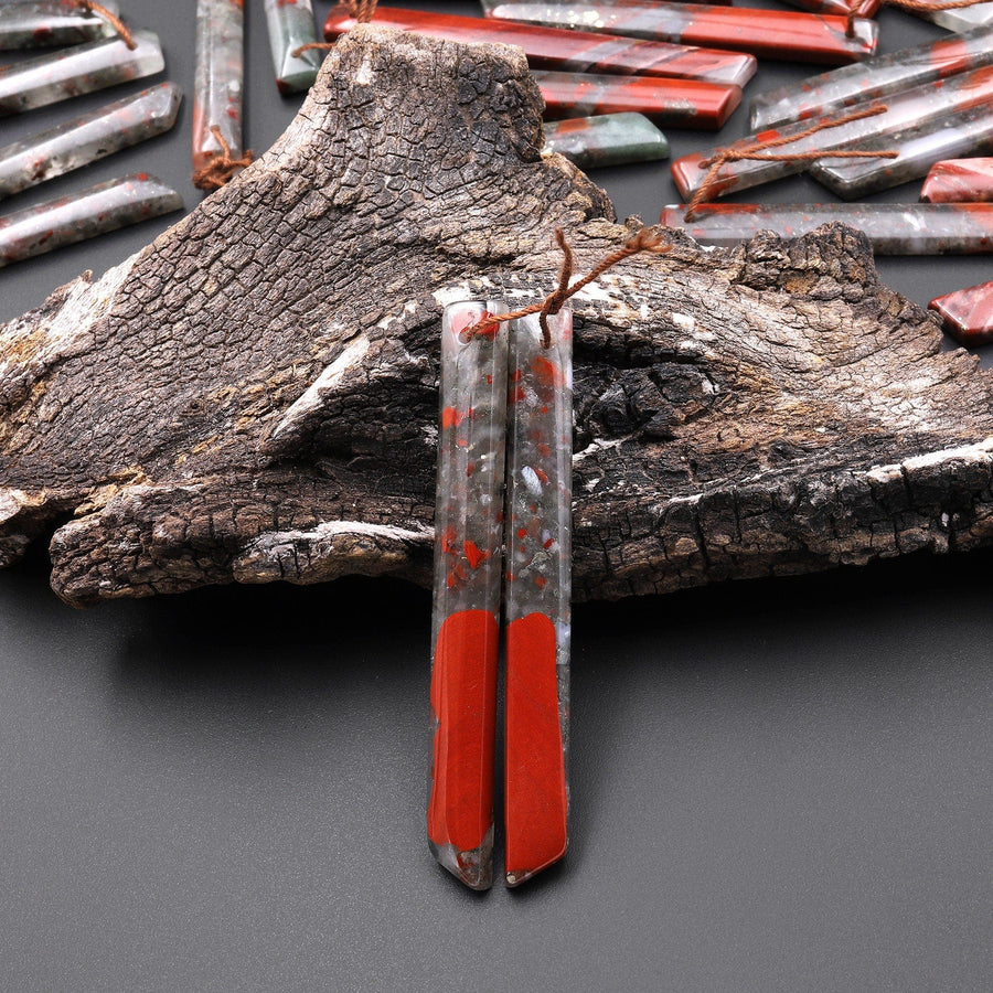 Natural African Bloodstone Long Thin Beveled Rectangle Earring Pair Matched Gemstone A1