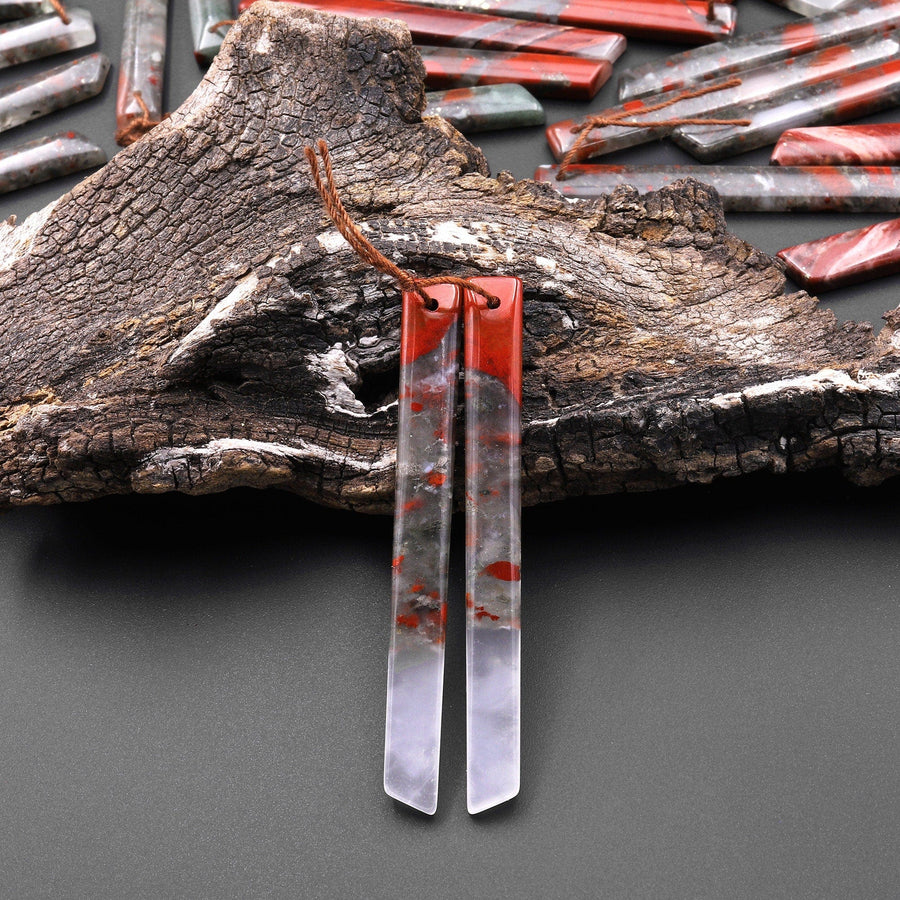 Natural African Bloodstone Long Thin Beveled Rectangle Earring Pair Matched Gemstone A1