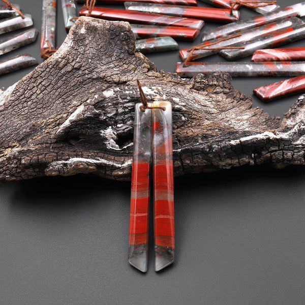 Natural African Bloodstone Long Thin Beveled Rectangle Earring Pair Matched Gemstone Beads