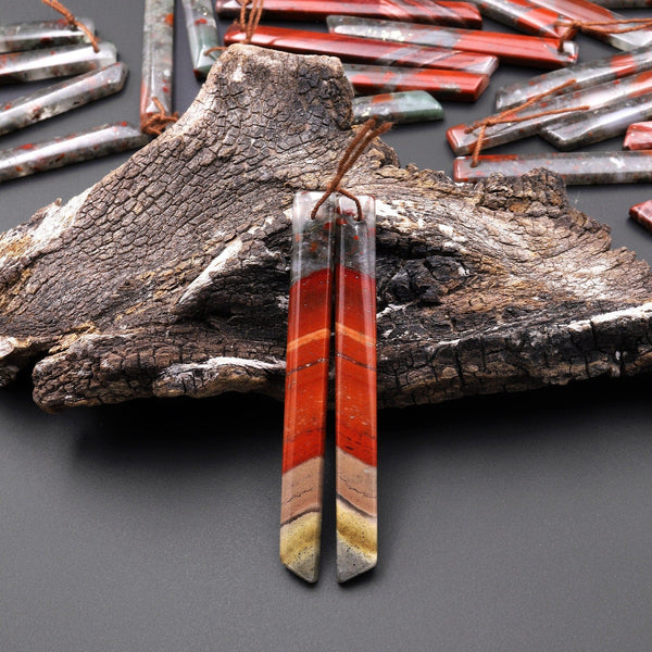 Natural African Bloodstone Long Thin Beveled Rectangle Earring Pair Matched Gemstone A2