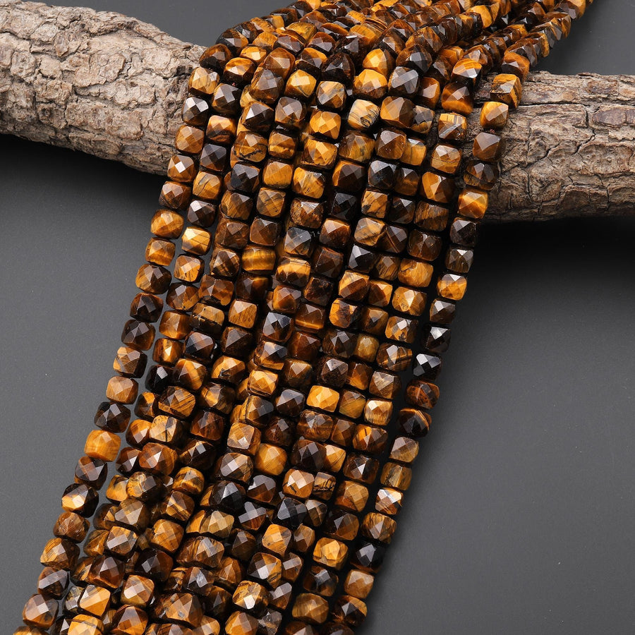 Faceted Natural Tiger's Eye 7mm 8mm Cube Beads Gemstone 15.5" Strand