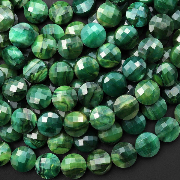 AAA Faceted Natural African Green Jade Coin Beads 10mm 15.5" Strand