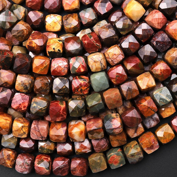 Faceted Natural Red Creek Jasper Bead 7mm 8mm Cube Beads Earthy Red Green Yellow Brown Multicolor Picasso Jasper 15.5" Strand