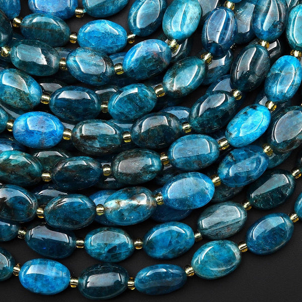 Natural Teal Blue Apatite Smooth Oval Beads 15.5" Strand