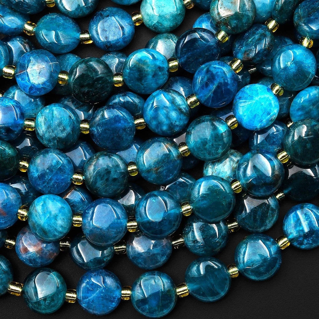 Natural Teal Blue Apatite Smooth Coin 10mm Beads 15.5" Strand