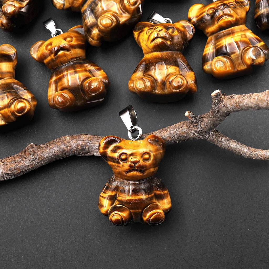 Hand Carved Natural Golden Tiger's Eye Teddy Bear Gemstone Pendant