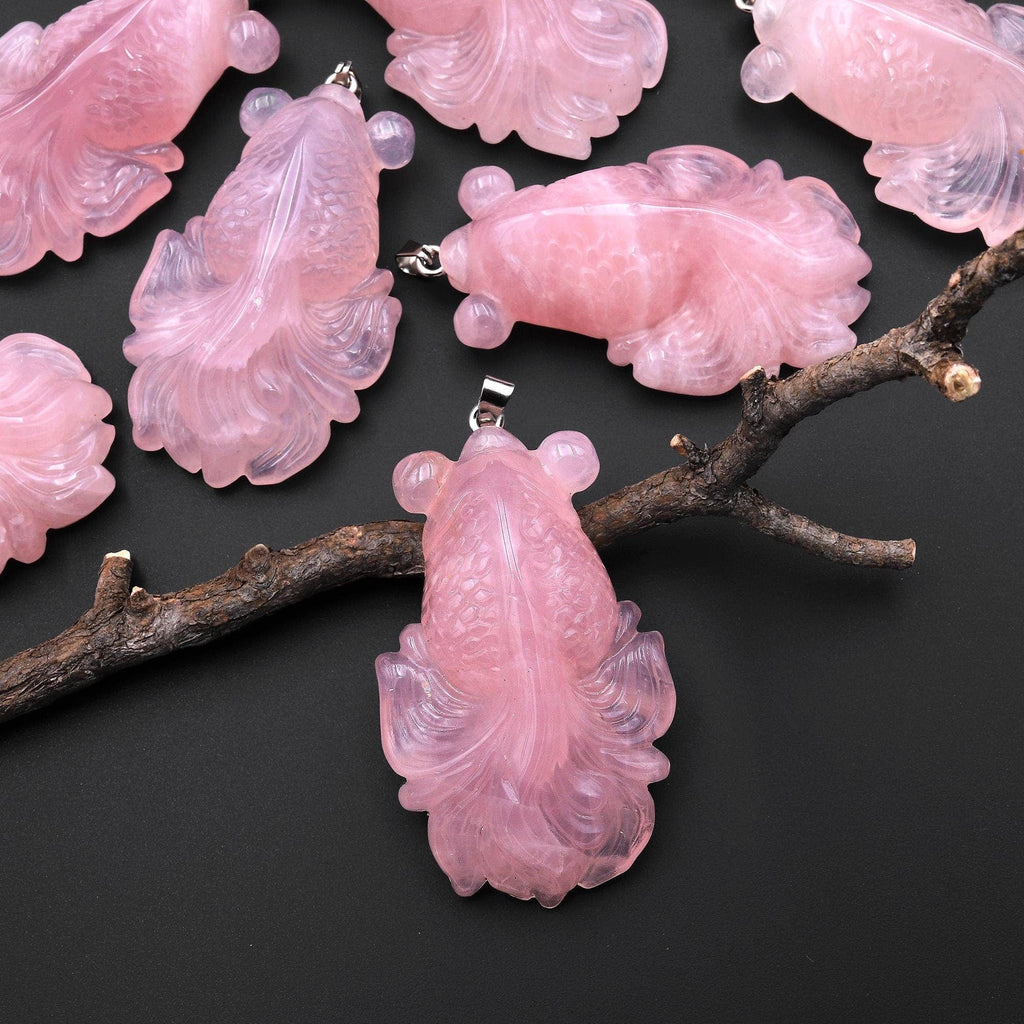 Hand Carved Natural Pink Rose Quartz Goldfish Gemstone Pendant