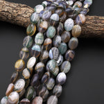 Rare Natural Teal Green Brown Gray Phantom Agate Beads Smooth Oval Gemstone 15.5" Strand