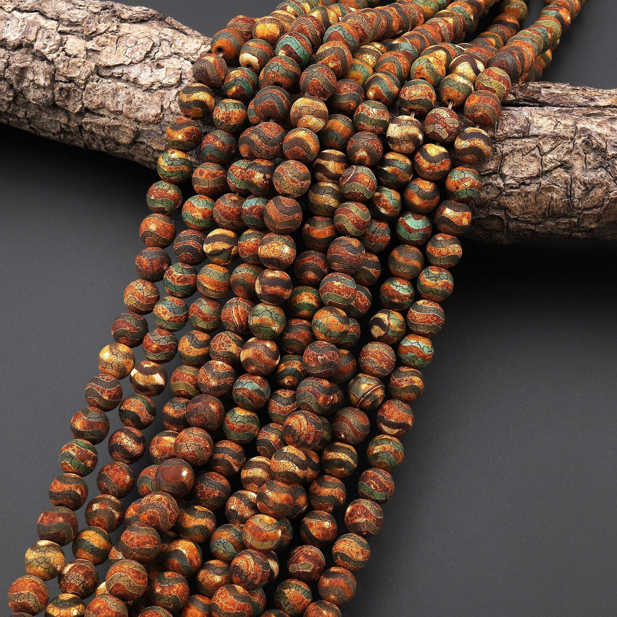 Tibetan Agate 8mm 10mm Round Beads Dzi Agate Green Brown Etched Curvy Line Matte Mala Antique Boho Style 15.5" Strand