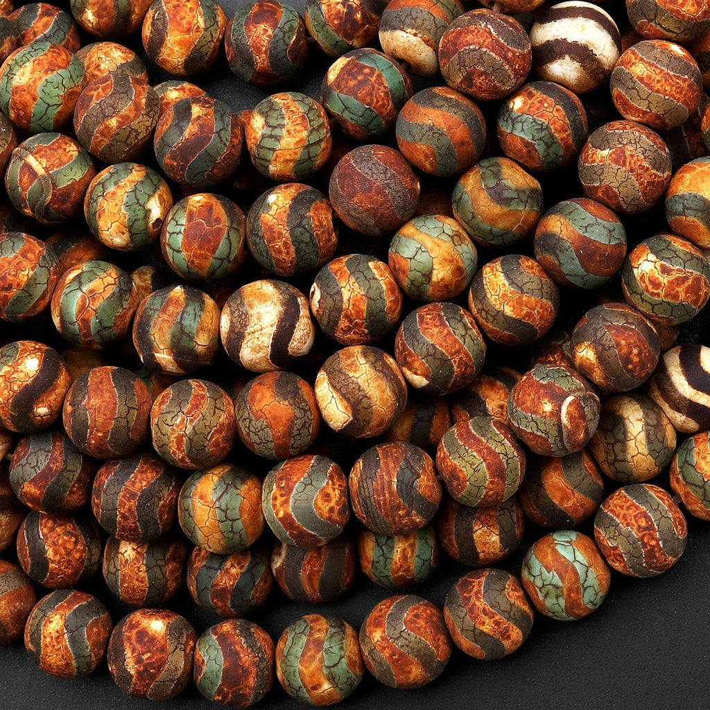 Tibetan Agate 8mm 10mm Round Beads Dzi Agate Green Brown Etched Curvy Line Matte Mala Antique Boho Style 15.5" Strand