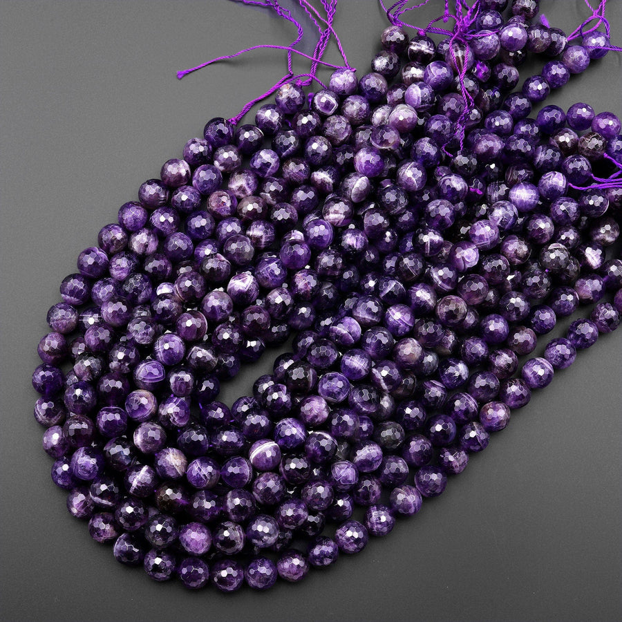 Faceted Natural Dark Purple Amethyst 6mm 8mm Round Beads 15.5" Strand