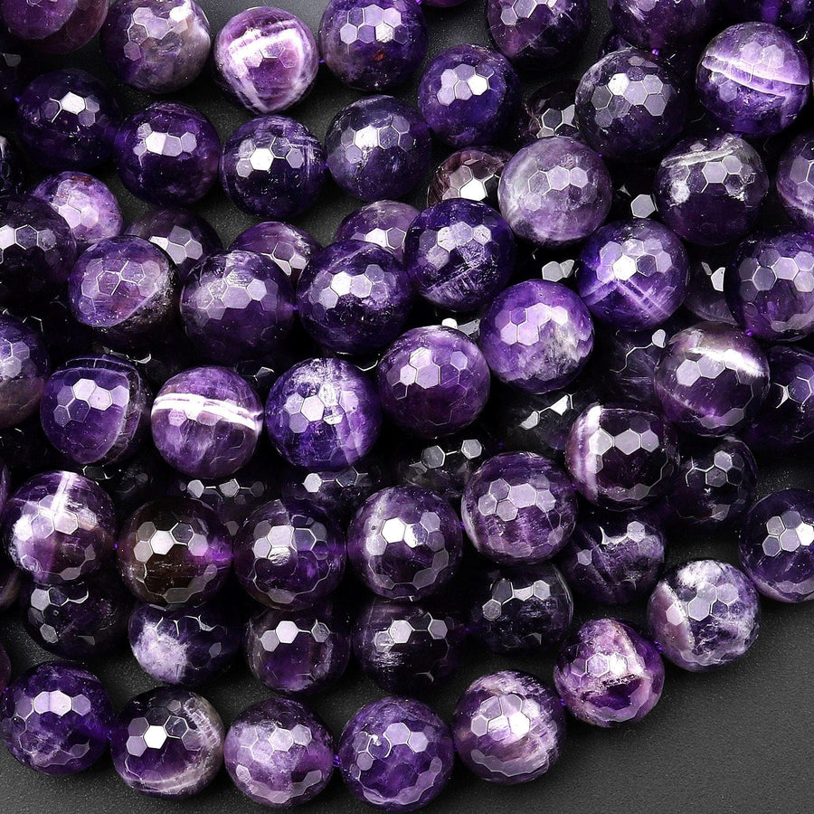 Faceted Natural Dark Purple Amethyst 6mm 8mm Round Beads 15.5" Strand