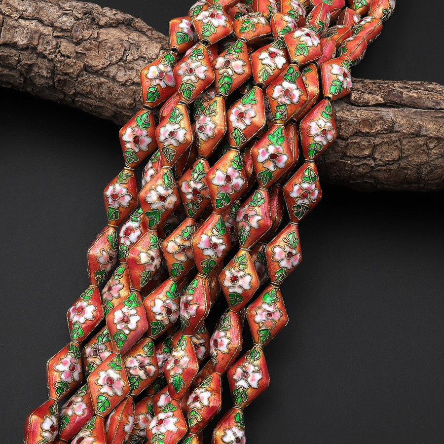 Handmade Golden Peach Cloisonné Diamond Kite Bead 20mm Decorative Floral 15.5" Strand