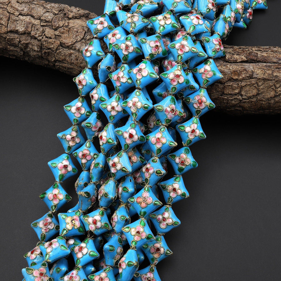 Turquoise Blue Cloisonné Diamond Beads 16mm Decorative Floral Copper Enamel 15.5" Strand