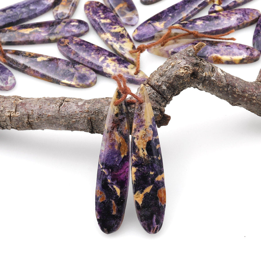 Natural African Petrified Purple Opal Earring Pair Matched Long Slender Teardrop Gemstone Beads