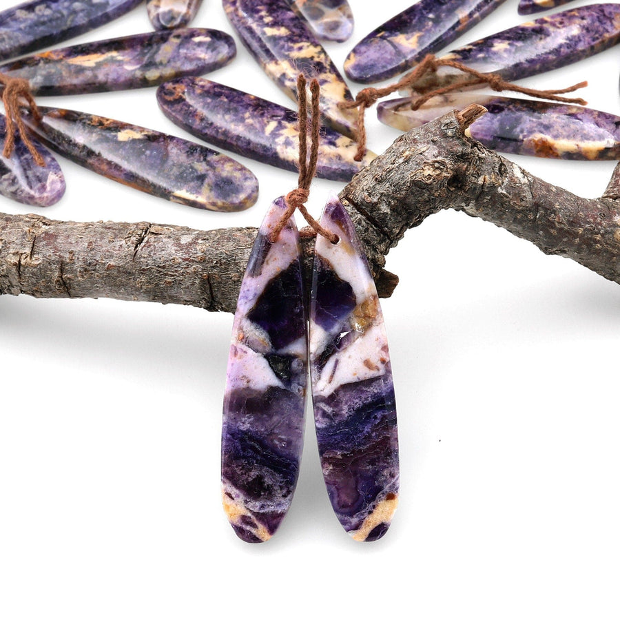 Natural African Petrified Purple Opal Earring Pair Matched Long Slender Teardrop Gemstone Beads A1
