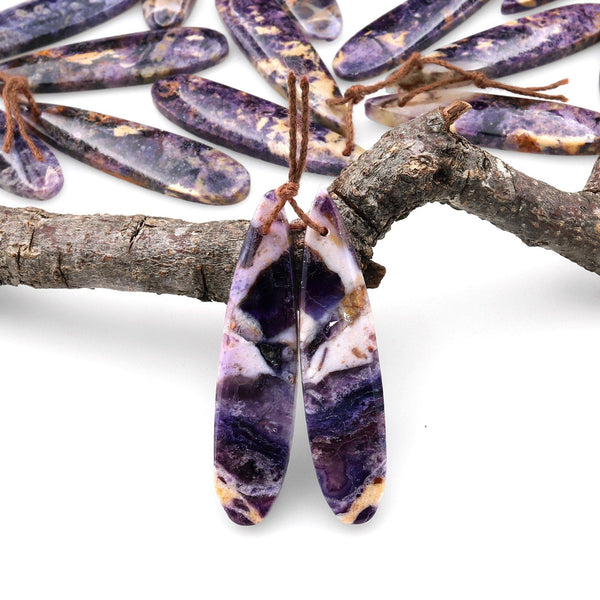 Natural African Petrified Purple Opal Earring Pair Matched Long Slender Teardrop Gemstone Beads A1