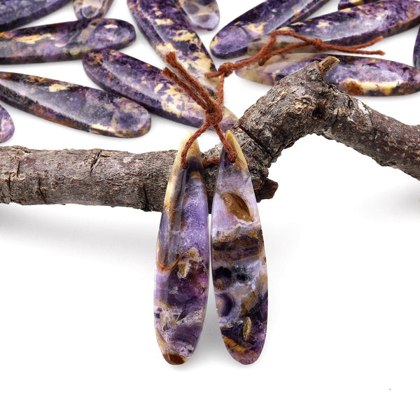 Natural African Petrified Purple Opal Earring Pair Matched Long Slender Teardrop Gemstone Beads A2
