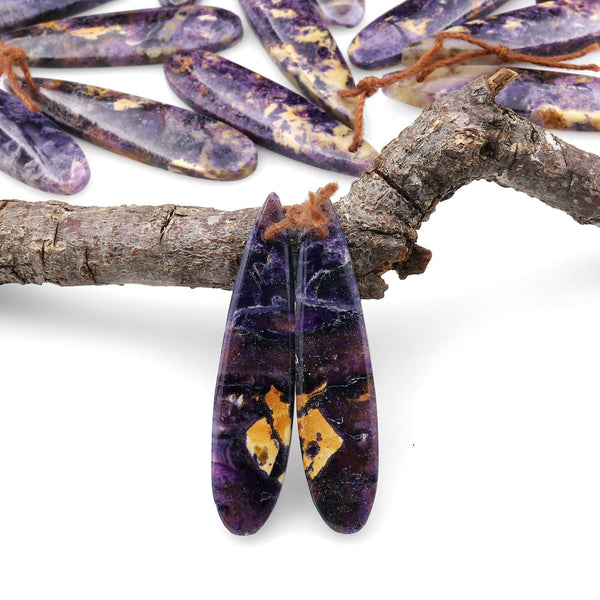 Natural African Petrified Purple Opal Earring Pair Matched Long Slender Teardrop Gemstone Beads A3