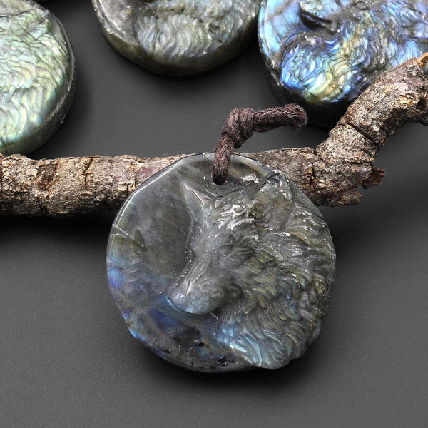 Hand Carved Natural Gray Labradorite Wolf Gemstone Pendant