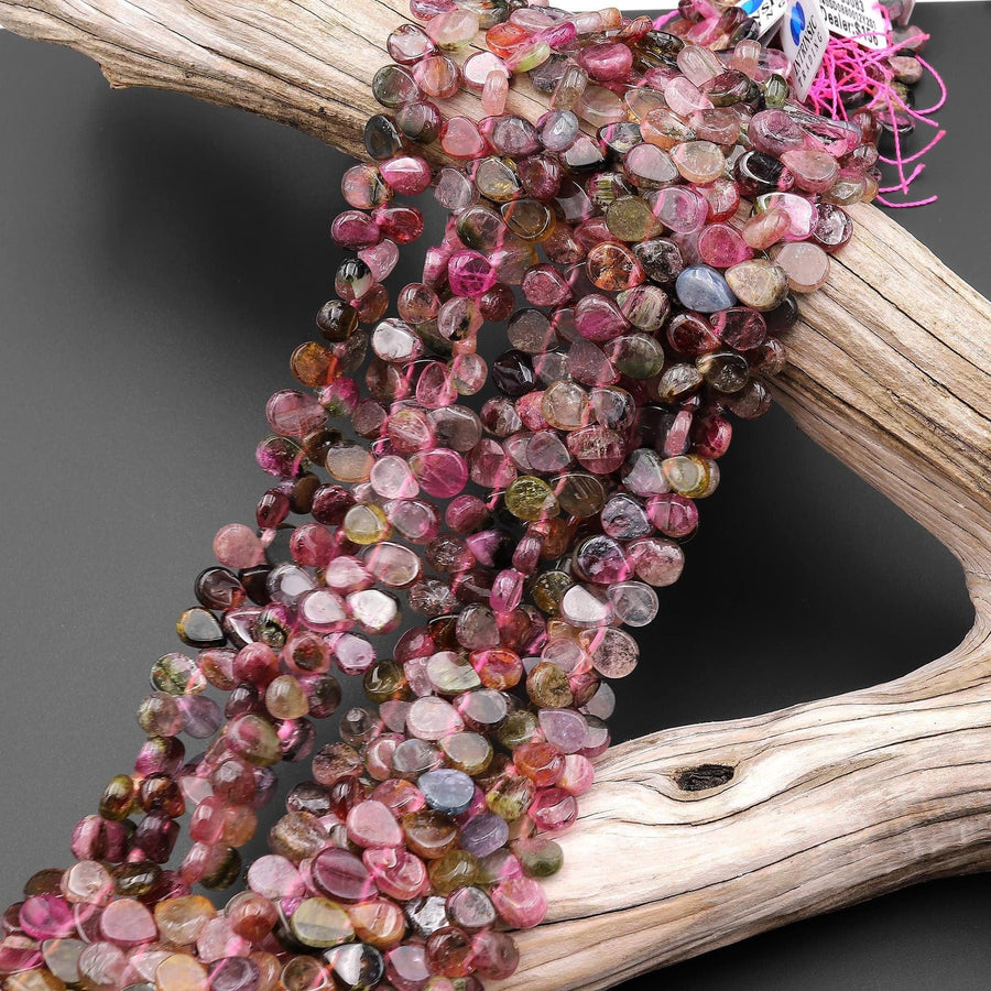 Natural Tourmaline Smooth Teardrop Beads Side Drilled Natural translucent Watermelon Pink Green Gemstone 15.5" Strand