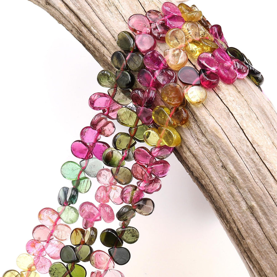 AAA Natural Tourmaline Smooth Teardrop Beads 7x5mm Top Side Drilled Watermelon Fuchsia Pink Green Golden Yellow Gemstone 15.5" Strand