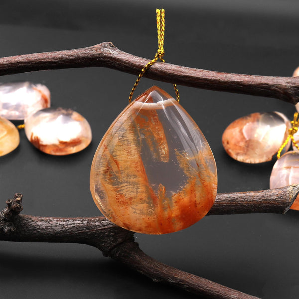 Rare Natural Red Phantom Quartz Puffy Teardrop Pendant Side Drilled Gemstone Focal Bead A13