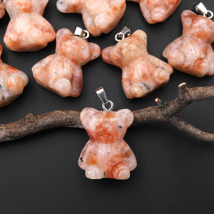 Hand Carved Natural Sunstone Teddy Bear Gemstone Pendant A2