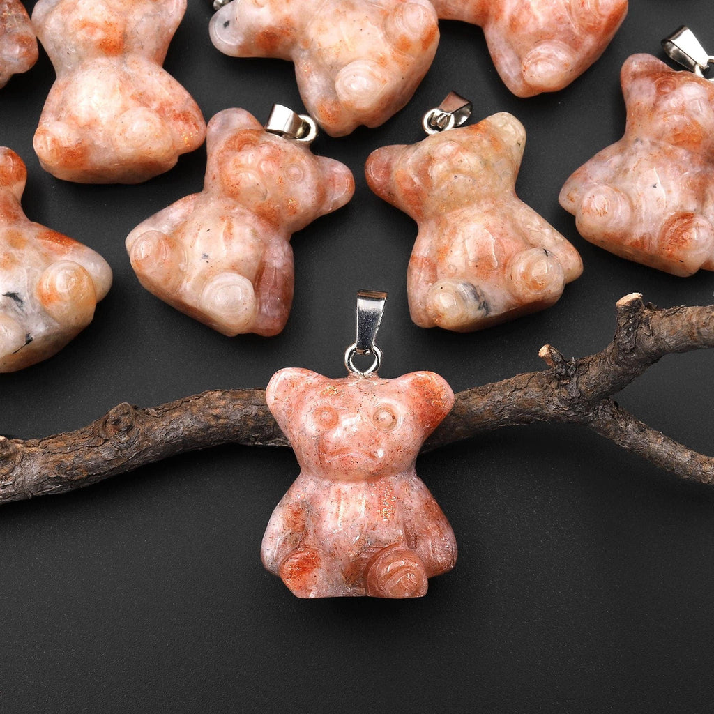 Hand Carved Natural Sunstone Teddy Bear Gemstone Pendant A3