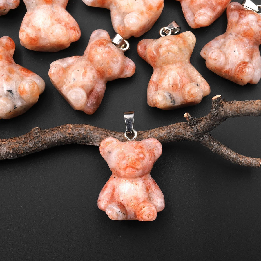 Hand Carved Natural Sunstone Teddy Bear Gemstone Pendant A1