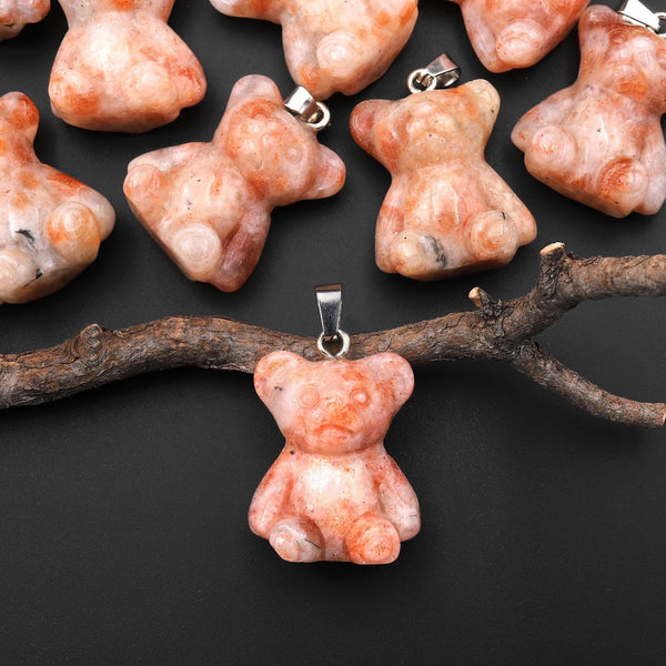 Hand Carved Natural Sunstone Teddy Bear Gemstone Pendant A1