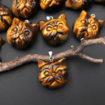 Hand Carved Natural Tiger's Eye Cat Head Pendant Gemstone Jewelry