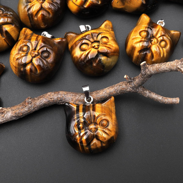 Hand Carved Natural Tiger's Eye Cat Head Pendant Gemstone Jewelry A2