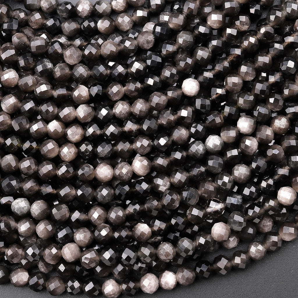 AAA Micro Faceted Natural Silver Obsidian 2mm 3mm 4mm Round Beads 15.5" Strand